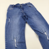Distressed Blue Denim Jeans with Adjustable Waistband - Girls 10-11 Years