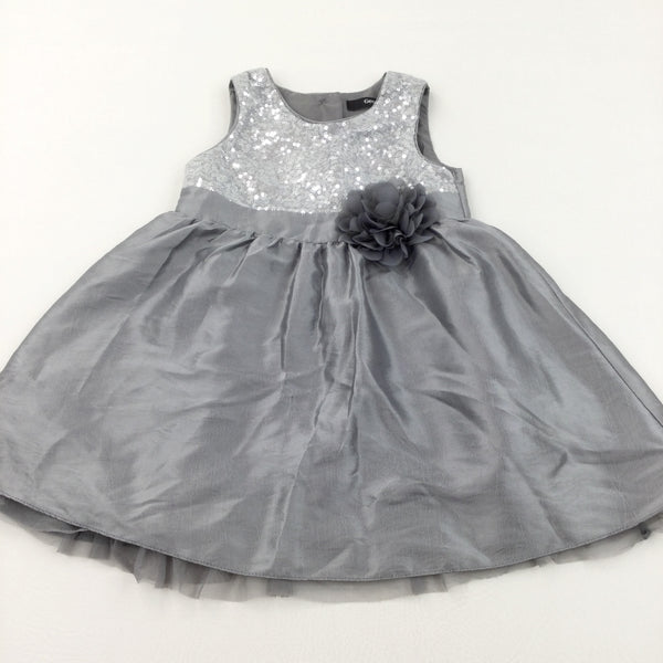 Sequins Silver & Grey Silky Party Dress - Girls 18-24 Months