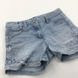 Studded Lacey Detail Light Blue Denim Shorts with Adjustable Waistband - Girls 10-11 Years