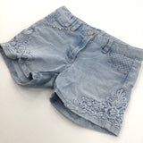 Studded Lacey Detail Light Blue Denim Shorts with Adjustable Waistband - Girls 10-11 Years