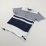 Navy & White Striped Button Up T-Shirt - Boys 9-10 Years