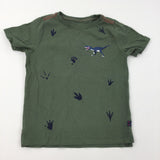 Dinosaur & Footprints Embriodered Khaki T-Shirt - Boys 6 Years