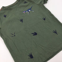 Dinosaur & Footprints Embriodered Khaki T-Shirt - Boys 6 Years