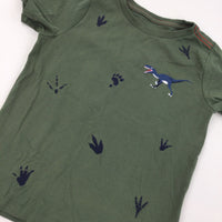 Dinosaur & Footprints Embriodered Khaki T-Shirt - Boys 6 Years