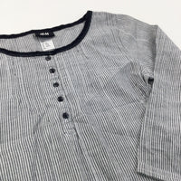Embroidered Sparkly Grey, Black & White Striped Cotton Blouse - Girls 9-10 Years