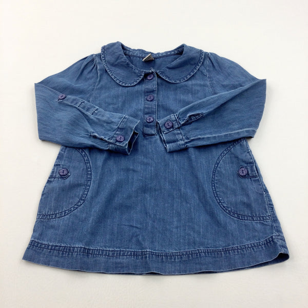 Denim Effect Cotton Tunic Top With Collar - Girls 4-5 Years