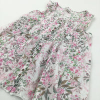 Sparkly Flowers Pink, Green & White Cotton Blouse - Girls 10 Years