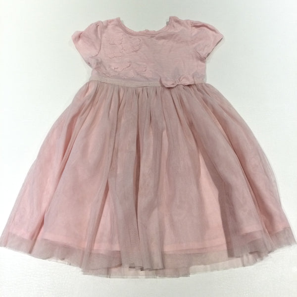 Butterflies & Bow Appliqued Pink Jersey & Cotton Party Dress with Net Skirt - Girls 12-18 Months