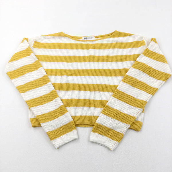 Mustard Yellow & White Striped Lightweight Knitted Cropped Jumper - Girls 8-10 Years