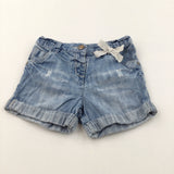 Distressed Mid Blue Denim Shorts with Adjustable Waistband - Girls 2-3 Years