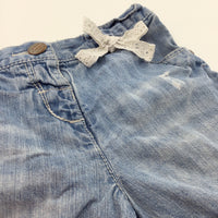 Distressed Mid Blue Denim Shorts with Adjustable Waistband - Girls 2-3 Years