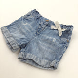 Distressed Mid Blue Denim Shorts with Adjustable Waistband - Girls 2-3 Years