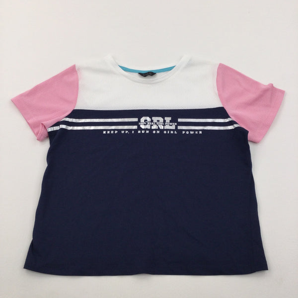 '…Real Girl Power' Pink, Navy & White Sports Style T-Shirt - Girls 11-12 Years