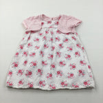 Flowers Pink & White Jersey Dress with Attached Mock Cardigan - Girls 12-18 Months