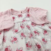 Flowers Pink & White Jersey Dress with Attached Mock Cardigan - Girls 12-18 Months