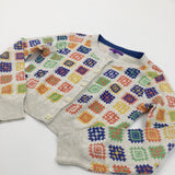 Colourful Patterned Oatmeal Lightweight Knitted Cropped Cardigan - Girls 9-10 Years