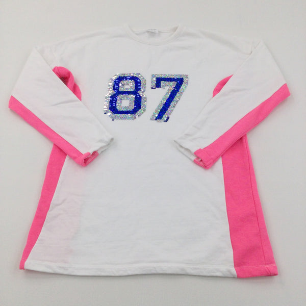 '87' Sequin Flip White & Pink Sweatshirt - Girls 11-12 Years