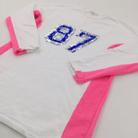 '87' Sequin Flip White & Pink Sweatshirt - Girls 11-12 Years