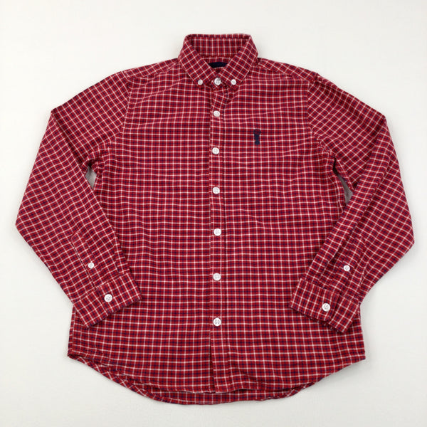Stag Motif Red, White & Navy Checked Long Sleeve Shirt - Boys 11 Years
