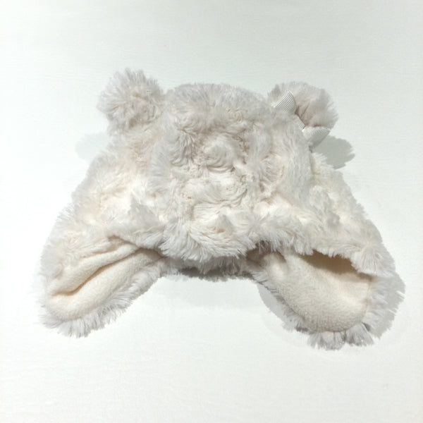 Cream Fluffy Fleece Lined Hat with Ears & Bow - Girls 0-3 Months
