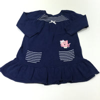 Cat Appliqued Navy & White Striped Knitted Dress - Girls 9-12 Months