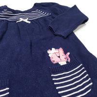 Cat Appliqued Navy & White Striped Knitted Dress - Girls 9-12 Months