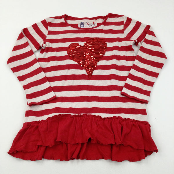 Sequin Heart Red & Cream Striped Tunic Top - Girls 11 Years