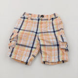 Orange, Navy & White Checked Lightweight Cotton Cargo Shorts - Boys 9-12 Months