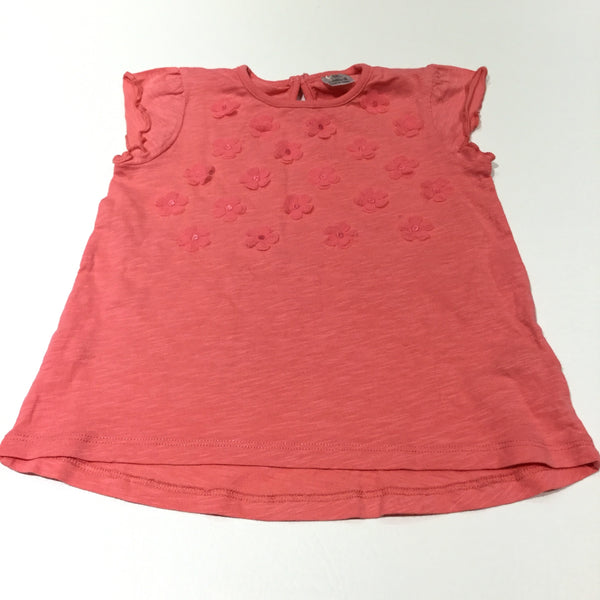 3D Chiffon Flowers Coral Pink T-Shirt - Girls 9-12 Months