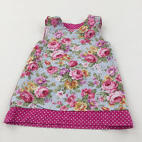 Flowers Pink, Green & Blue Cotton Smock Style Dress - Girls 12 Months