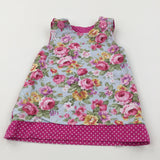 Flowers Pink, Green & Blue Cotton Smock Style Dress - Girls 12 Months