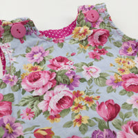 Flowers Pink, Green & Blue Cotton Smock Style Dress - Girls 12 Months