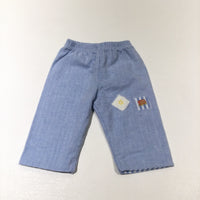Bus & Sun Badges Appliqued Blue Lightweight Lined Cotton Trousers - Boys Tiny Baby