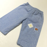 Bus & Sun Badges Appliqued Blue Lightweight Lined Cotton Trousers - Boys Tiny Baby