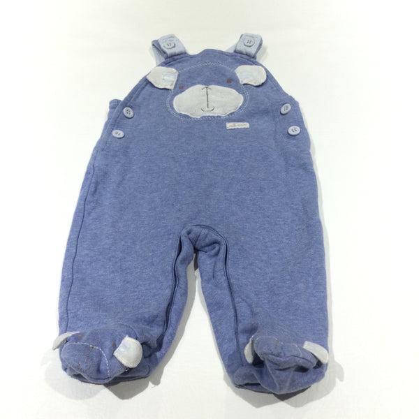 Dog Appliqued Blue Jersey Dungarees with Enclosed Feet - Boys 3-6 Months