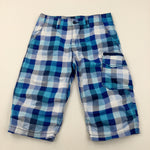 Blue & White Checked Lightweight Long Shorts / Cropped Trousers - Boys 11-12 Years