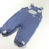 Dog Appliqued Blue Jersey Dungarees with Enclosed Feet - Boys 3-6 Months