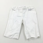 White Cotton Twill Long Shorts/Cropped Trousers with Adjustable Waistband - Girls 12-18 Months