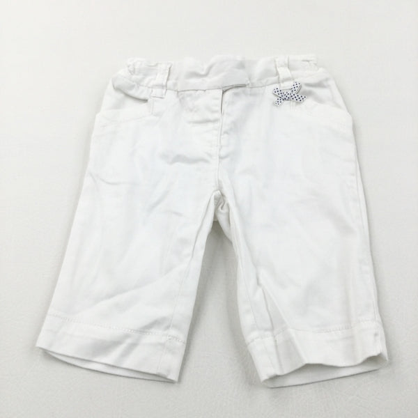 White Cotton Twill Long Shorts/Cropped Trousers with Adjustable Waistband - Girls 12-18 Months