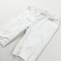 White Cotton Twill Long Shorts/Cropped Trousers with Adjustable Waistband - Girls 12-18 Months