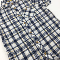 White, Navy & Yellow Check Short Sleeve Shirt - Boys 9 Years