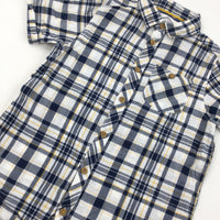 White, Navy & Yellow Check Short Sleeve Shirt - Boys 9 Years