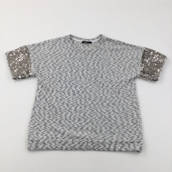 Sequin Sleeves Sparkly White & Grey Knitted Top - Girls 11-12 Years