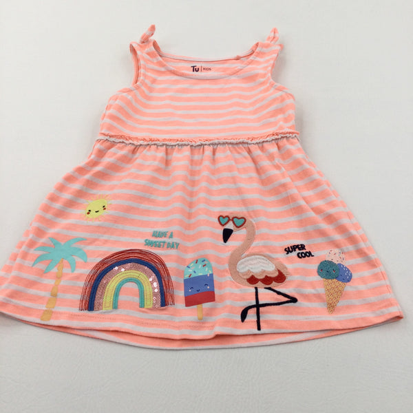'Have A Sweet Day' Flamingo, Rainbow & Ice Cream Appliqued Neon Orange & White Striped Lightweight Jersey Dress - Girls 2-3 Years