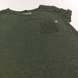 Khaki Green T-Shirt with Broderie Details - Girls 7-8 Years
