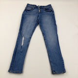 Mid Blue Distressed Denim Jeans With Adjustable Waist - Girls 12-13 Years
