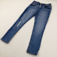 Mid Blue Distressed Denim Jeans With Adjustable Waist - Girls 12-13 Years