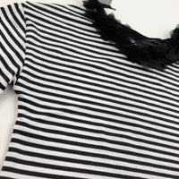 Flower Detail Black & White Striped T-Shirt - Girls 8 Years