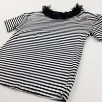 Flower Detail Black & White Striped T-Shirt - Girls 8 Years