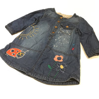 Ladybird, Flowers & Sun Embroidered Denim Effect Cotton Dress - Girls 9-12 Months